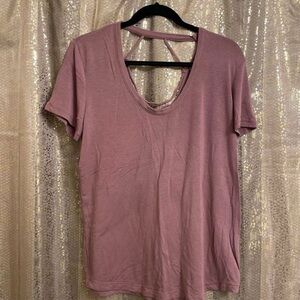 Express One Eleven Mauve Pink Soft Lace Up Back Tee Shirt, Large